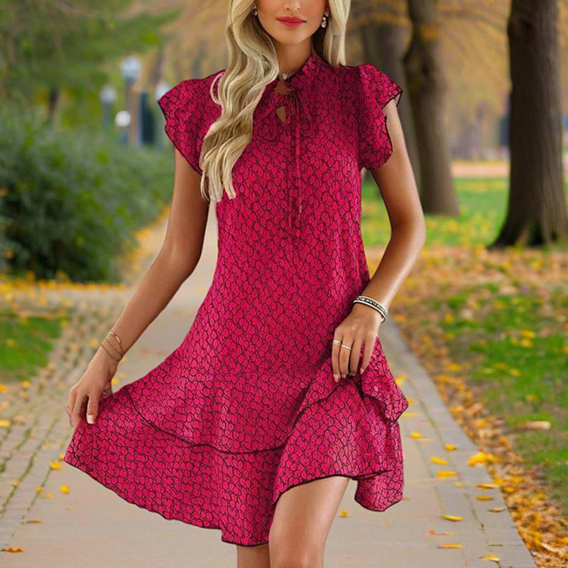 Women Solid Color Print V-Neck Short Sleeve Dress - Summer Comfort