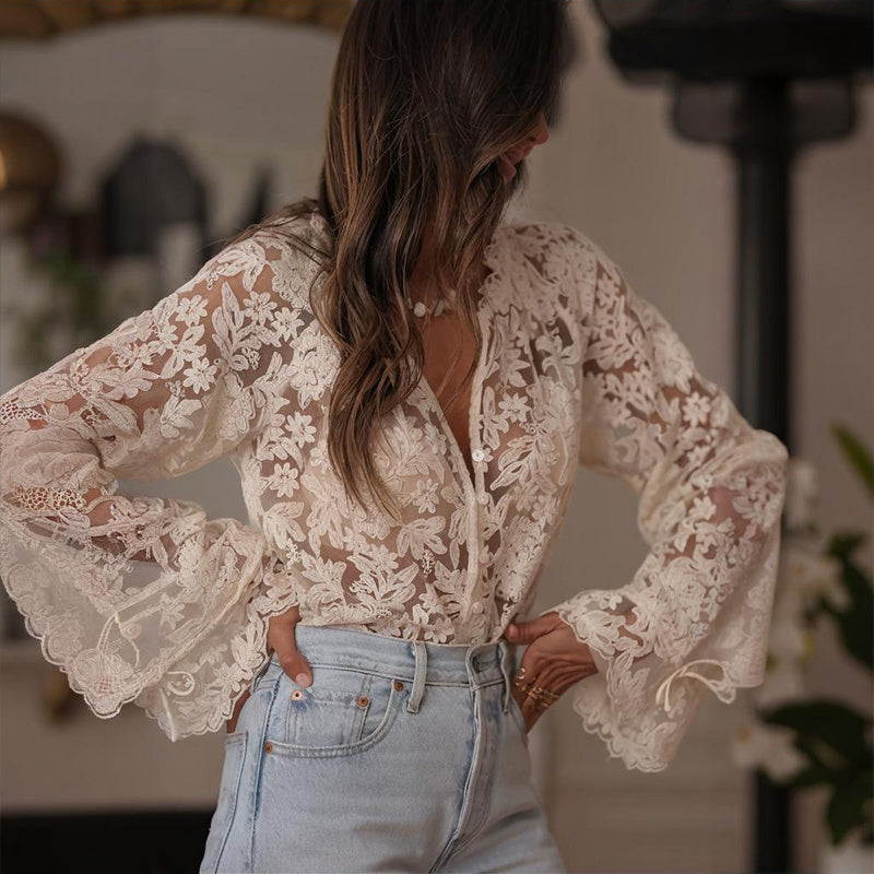 Women Elegant Semi-Sheer Solid Color V-Neck Floral Lace Embroidery