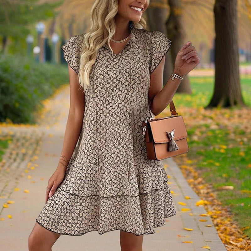 Women Solid Color Print V-Neck Short Sleeve Dress - Summer Comfort