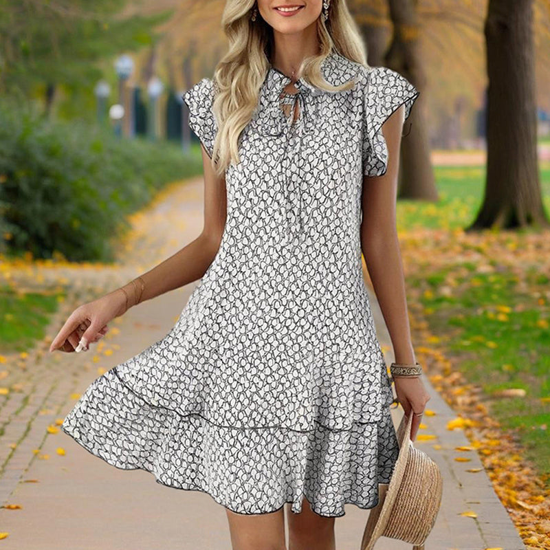 Women Solid Color Print V-Neck Short Sleeve Dress - Summer Comfort
