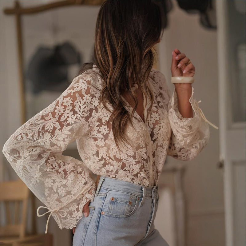 Women Elegant Semi-Sheer Solid Color V-Neck Floral Lace Embroidery