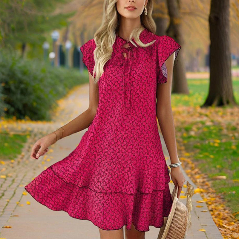 Women Solid Color Print V-Neck Short Sleeve Dress - Summer Comfort