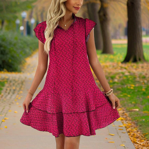 Women Solid Color Print V-Neck Short Sleeve Dress - Summer Comfort