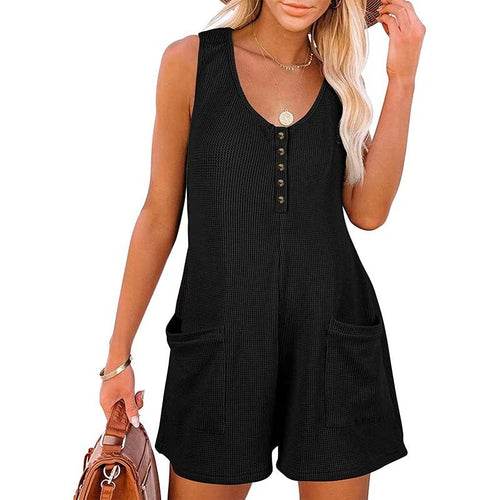 Women Summer Casual Solid Color Sleeveless Button-Up Pocket Jumpsuit