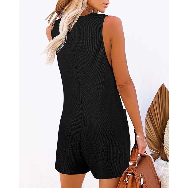 Women Summer Casual Solid Color Sleeveless Button-Up Pocket Jumpsuit