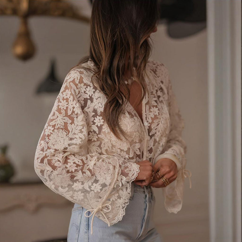 Women Elegant Semi-Sheer Solid Color V-Neck Floral Lace Embroidery
