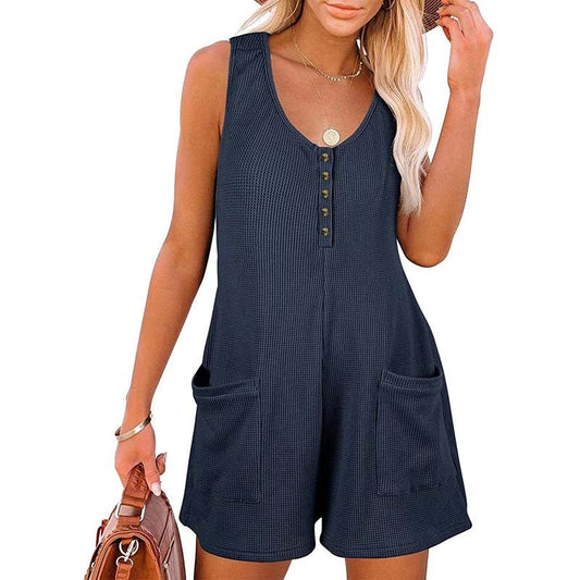 Women Summer Casual Solid Color Sleeveless Button-Up Pocket Jumpsuit