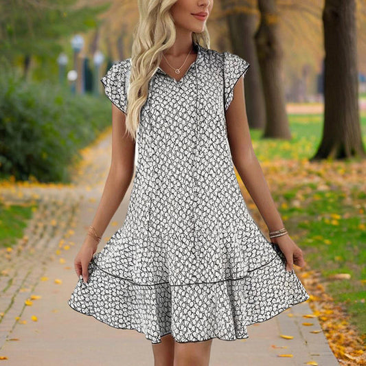 Women Solid Color Print V-Neck Short Sleeve Dress - Summer Comfort