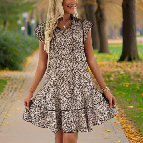 Women Solid Color Print V-Neck Short Sleeve Dress - Summer Comfort