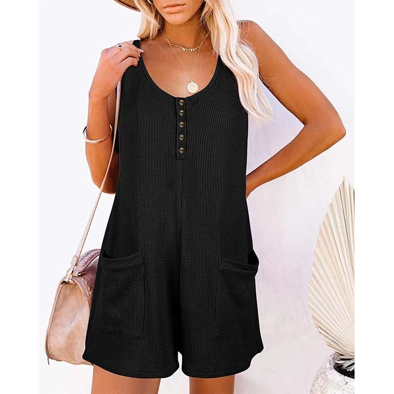 Women Summer Casual Solid Color Sleeveless Button-Up Pocket Jumpsuit