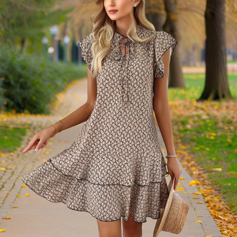Women Solid Color Print V-Neck Short Sleeve Dress - Summer Comfort