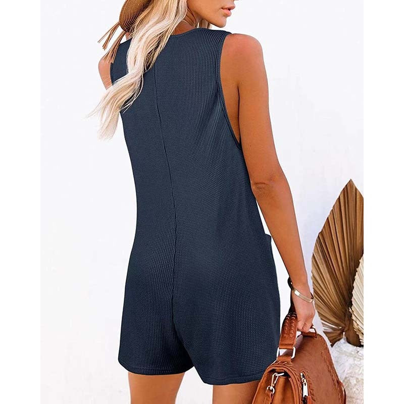 Women Summer Casual Solid Color Sleeveless Button-Up Pocket Jumpsuit