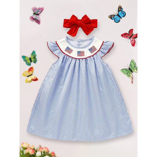 A Girl Blue Princess Dress With National Flag Embroidery